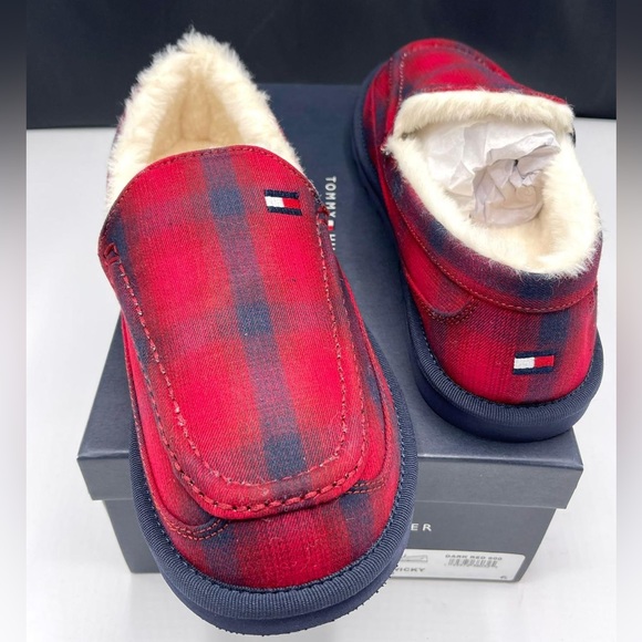 Tommy Hilfiger Slippers Mens Comfort Faux Fur Lined Mocassin Plaid Red Wicky New - Picture 3 of 11